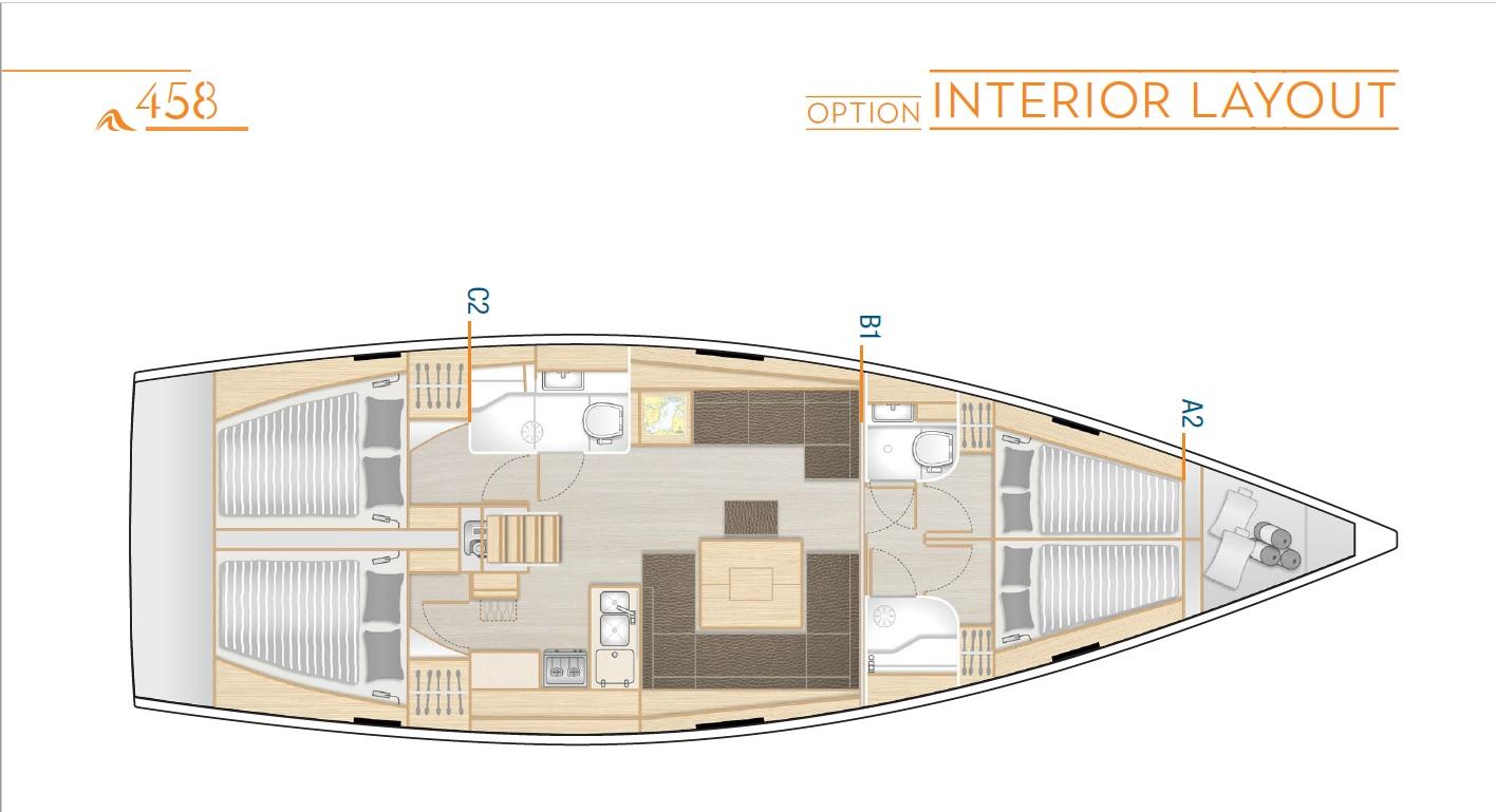 2020 Hanse 458 yacht interior layout with cabins, bathrooms, and living area.
