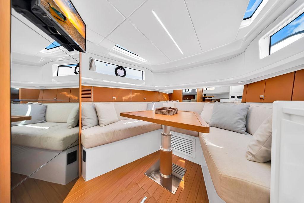 Luxurious interior of 2021 Bluegame BG 42 yacht with elegant seating and modern design.