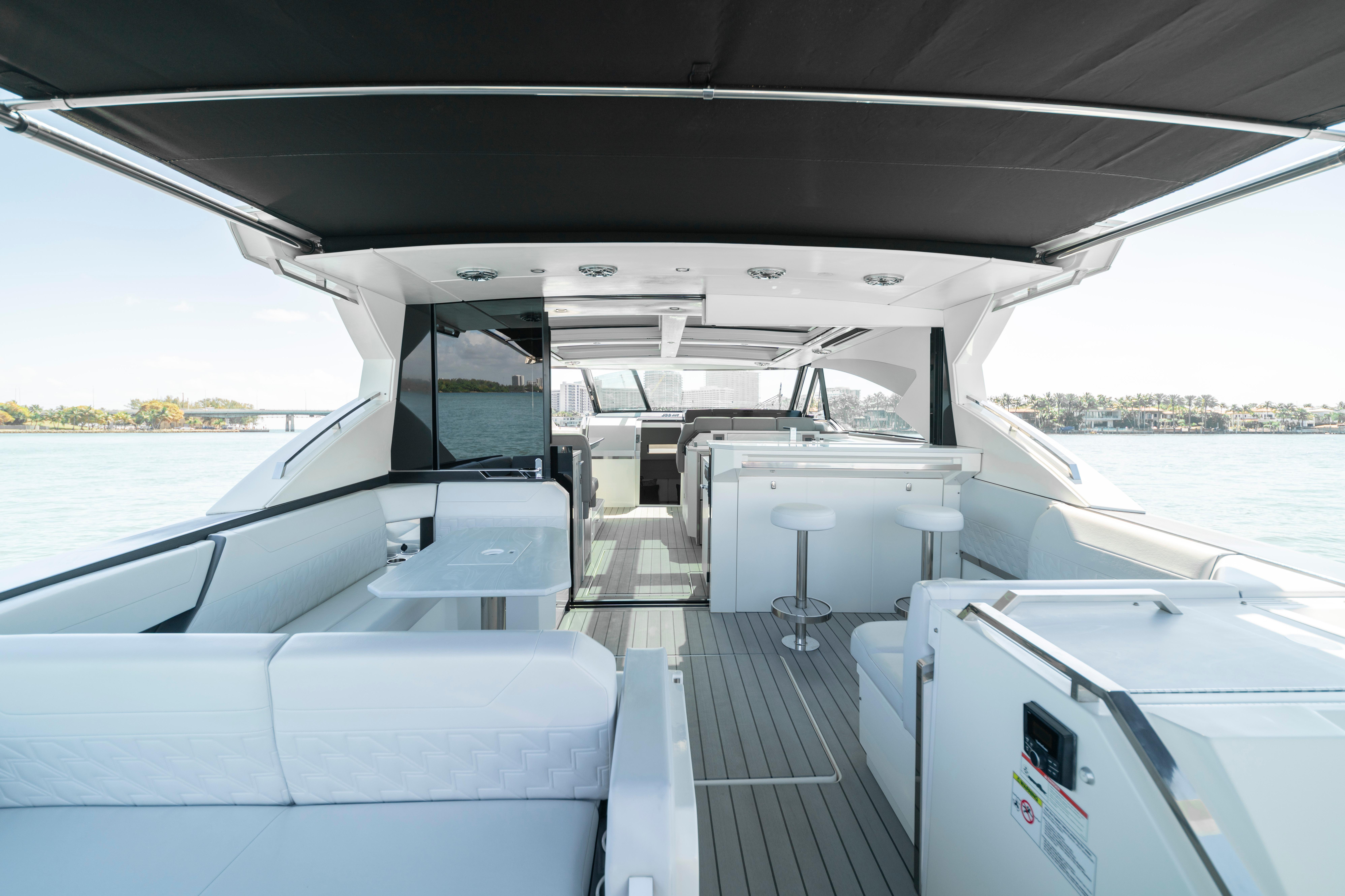 Luxurious 2022 Formula 500 Super Sport Crossover yacht interior with modern seating and sleek design.