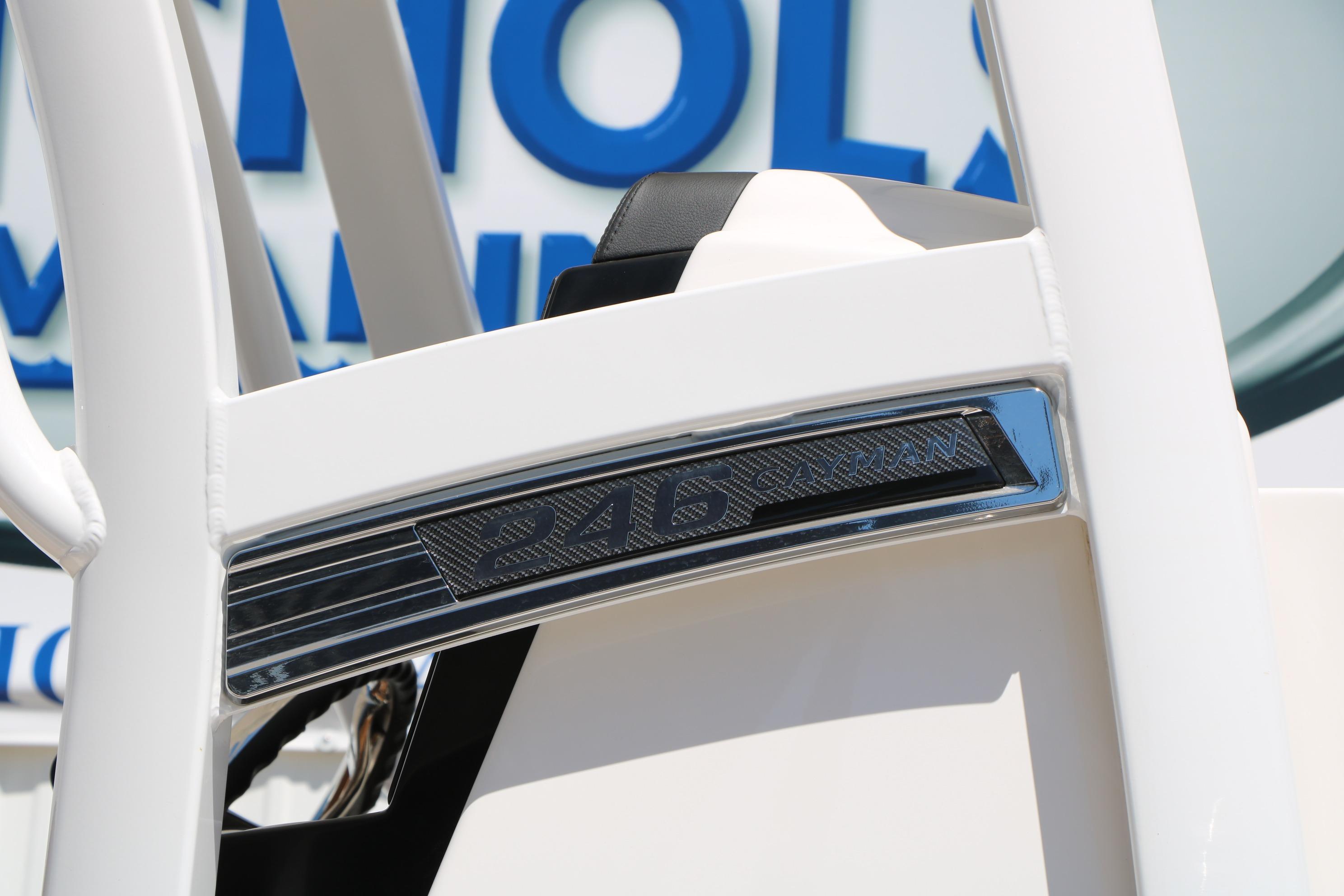 Close-up of 2026 Robalo 246 Cayman boat detail with logo.