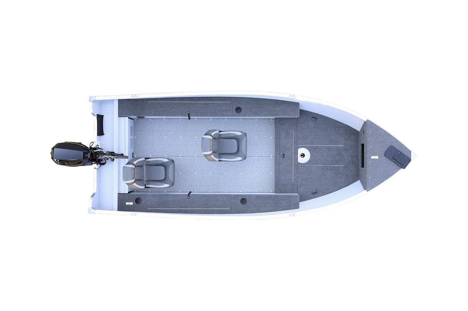 Manufacturer Provided Image: 2025 Lund 1400 Fury Tiller boat, top view, two seats, outboard motor.