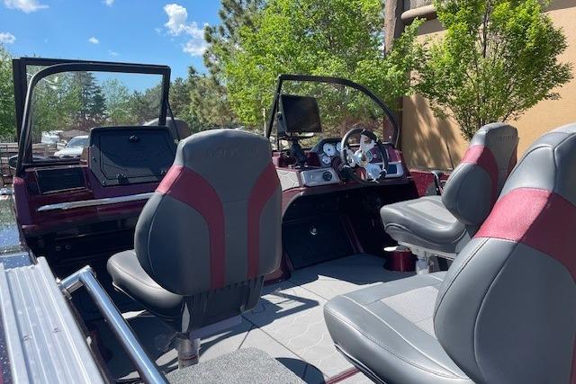 Interior of a 2026 Nitro ZV20 Pro boat with modern seating and dashboard.