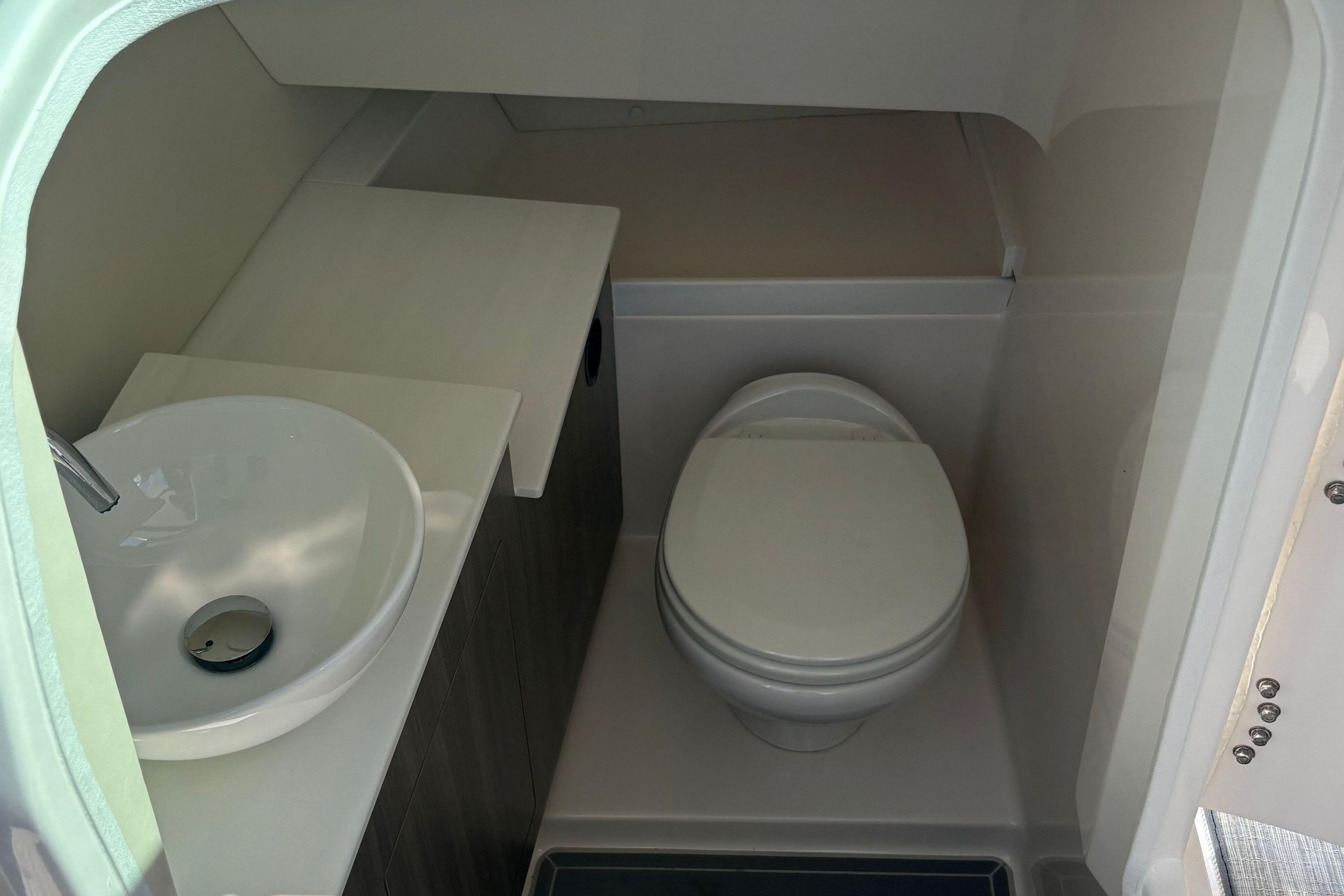 2020 Regal 33 OBX boat bathroom with sink and toilet, compact and modern design.