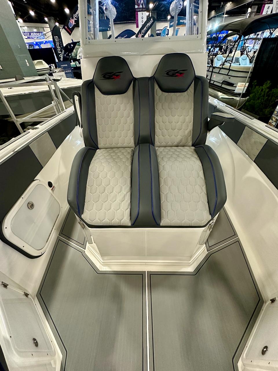 2024 Glasstream 32 GSX boat interior with dual cushioned seats.