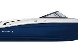 2026 Bayliner VR6 Bowrider OB, sleek blue and white design, side view.