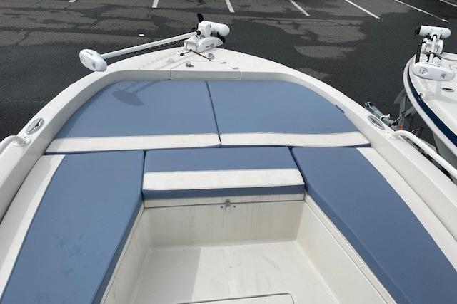 2025 Ranger 2360 Bay boat with blue cushioned bow seating.