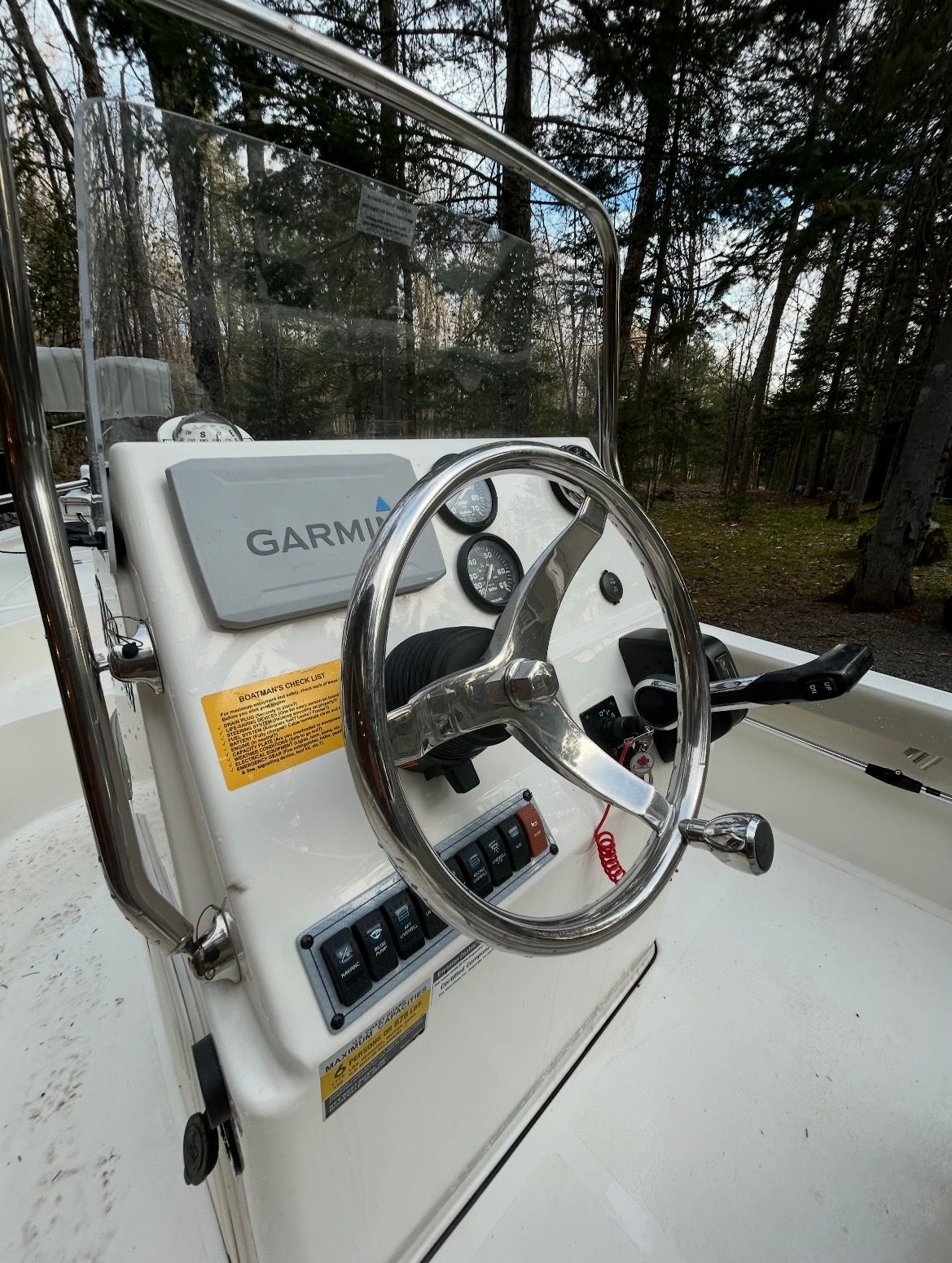 Steering console of a Key West 188 Bay Reef boat, 2023 model.