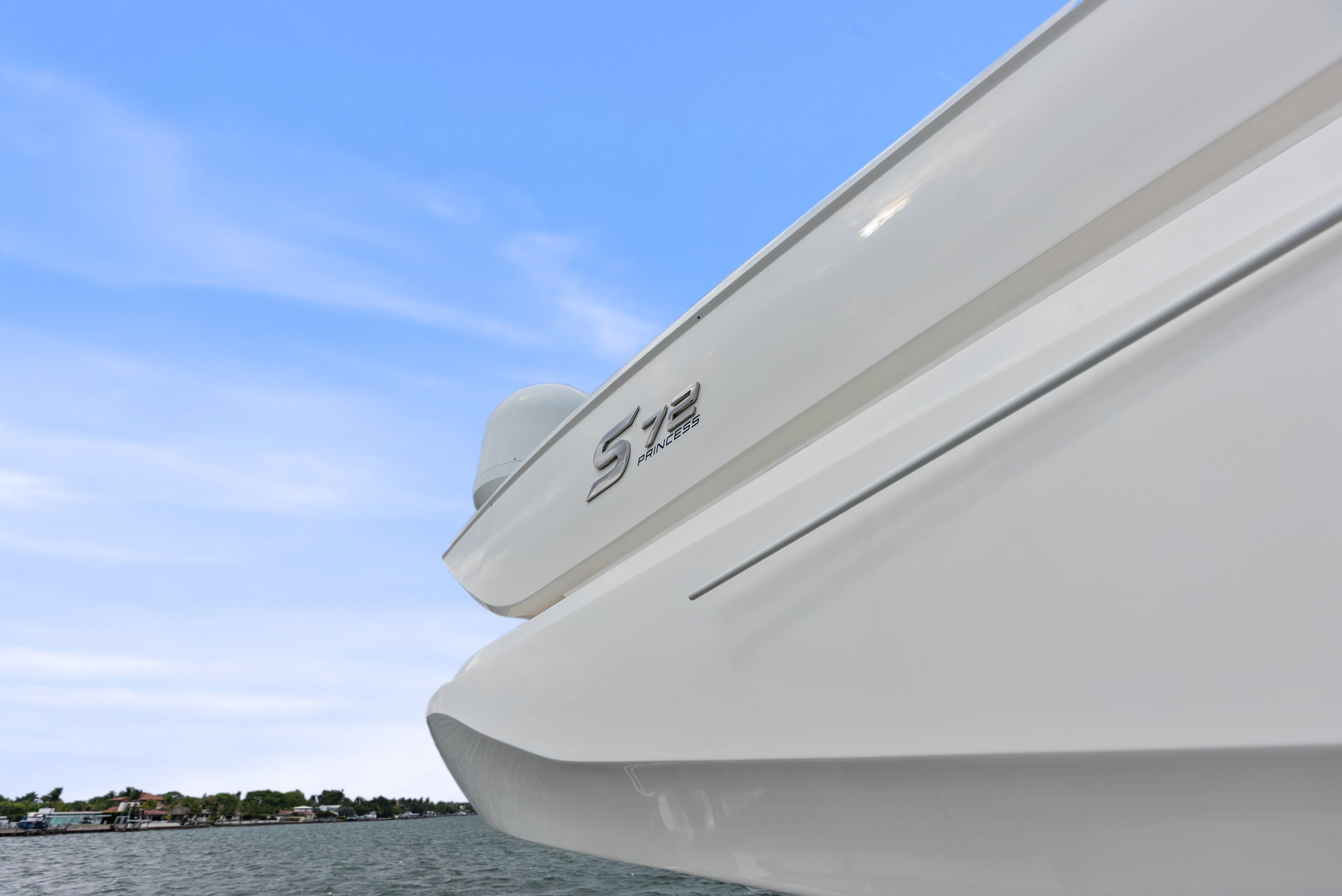 Close-up of 2014 Princess S72 yacht on the water.