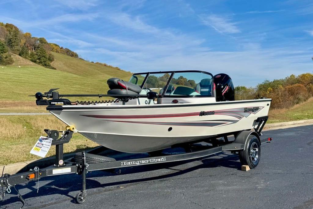 2026 Ranger VS1682SC Angler boat on trailer, scenic outdoor setting.