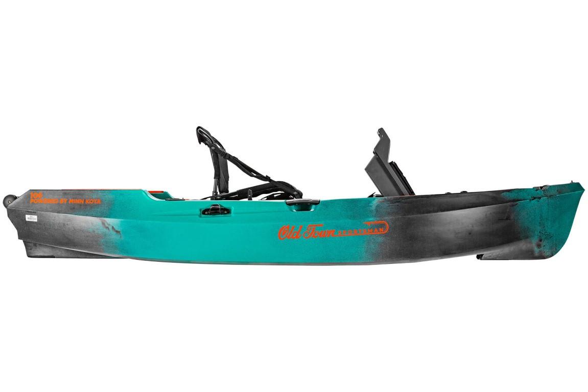 2023 Old Town 106 Sportsman Minn Kota Power kayak, teal and black design.