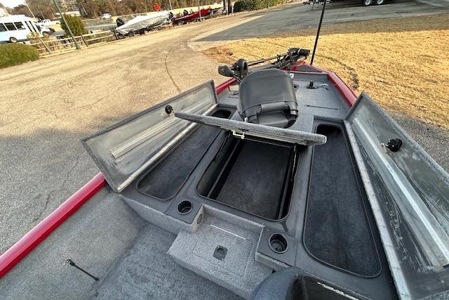2025 Tracker Pro Team 190 boat interior with open storage compartments.