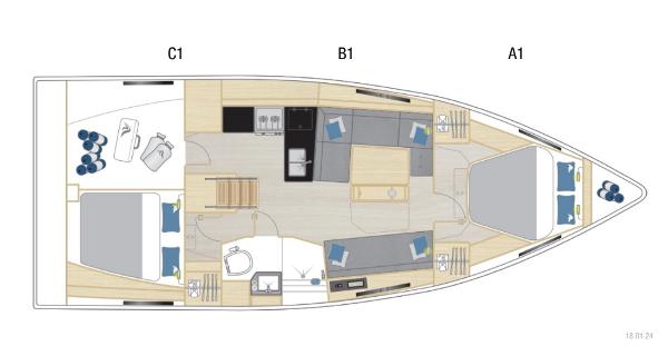 Hanse 360 yacht floor plan, 2025 model, featuring cabins, kitchen, and living area layout.