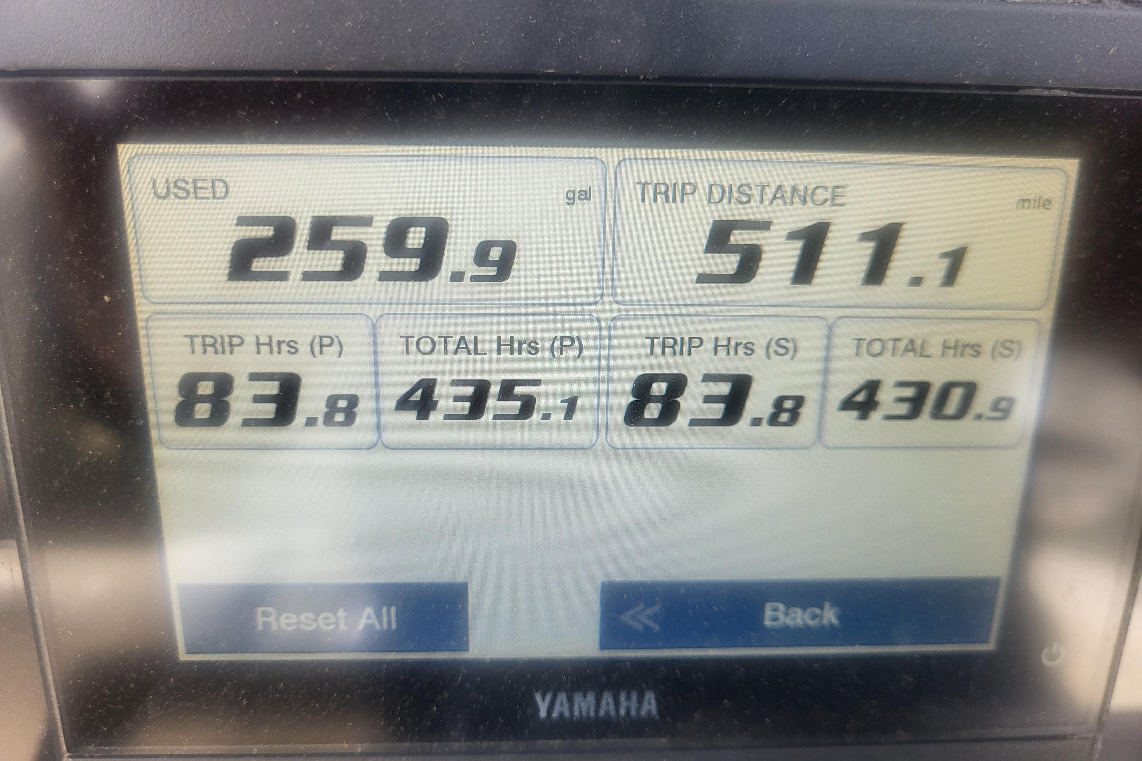 Display screen showing fuel usage and trip data for 2022 Cobia 262 Center Console.