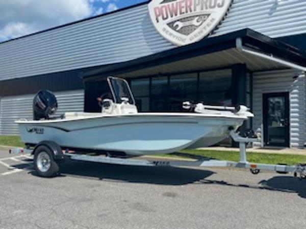 2024 Mako Pro Skiff 15 CC boat on trailer outside PowerPros center.