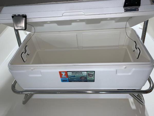 Open Igloo cooler on Key West 188 Bay Reef boat, 2026 model.