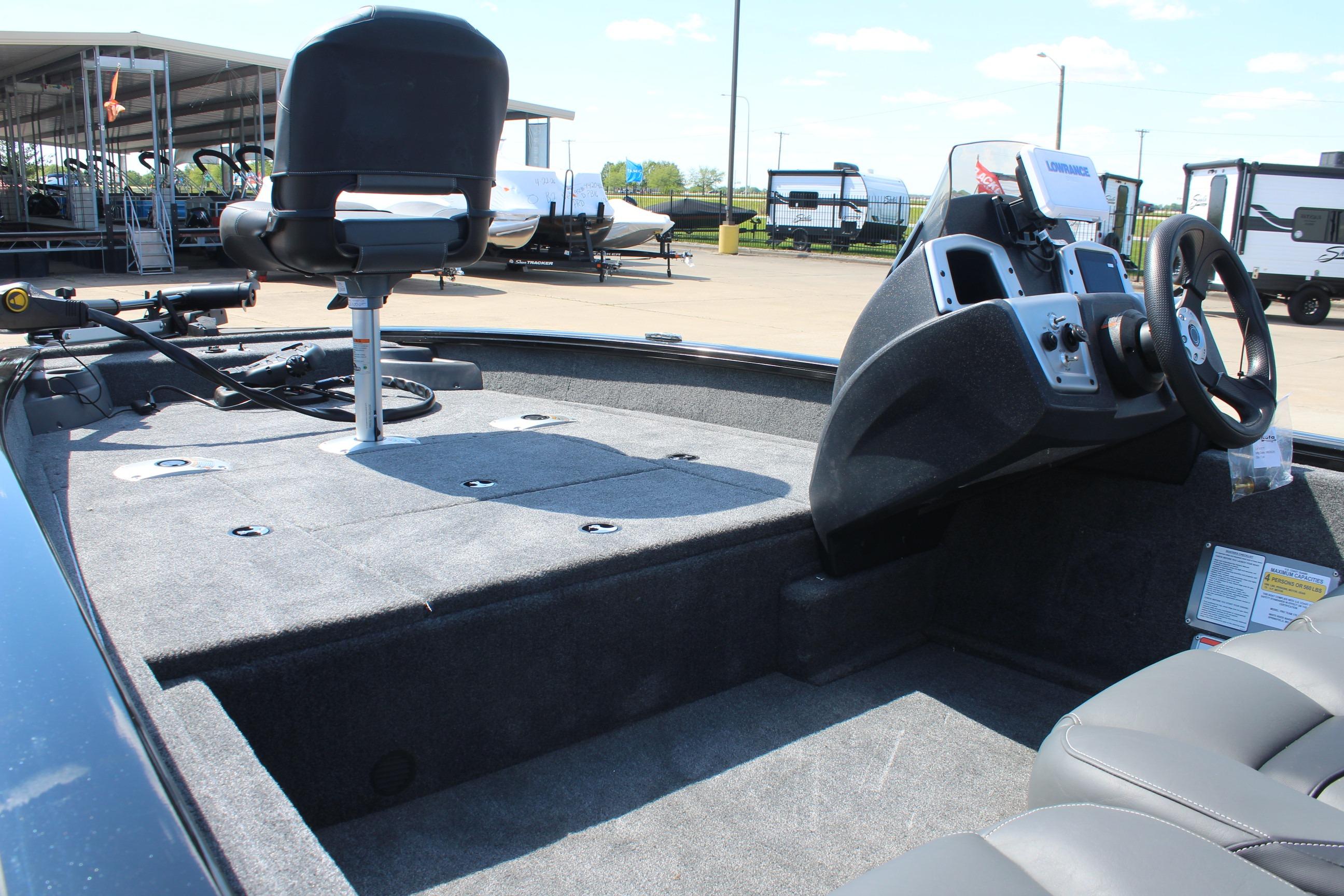 2026 Tracker Pro Team 175 Crappie Edition boat interior with steering console and seating.