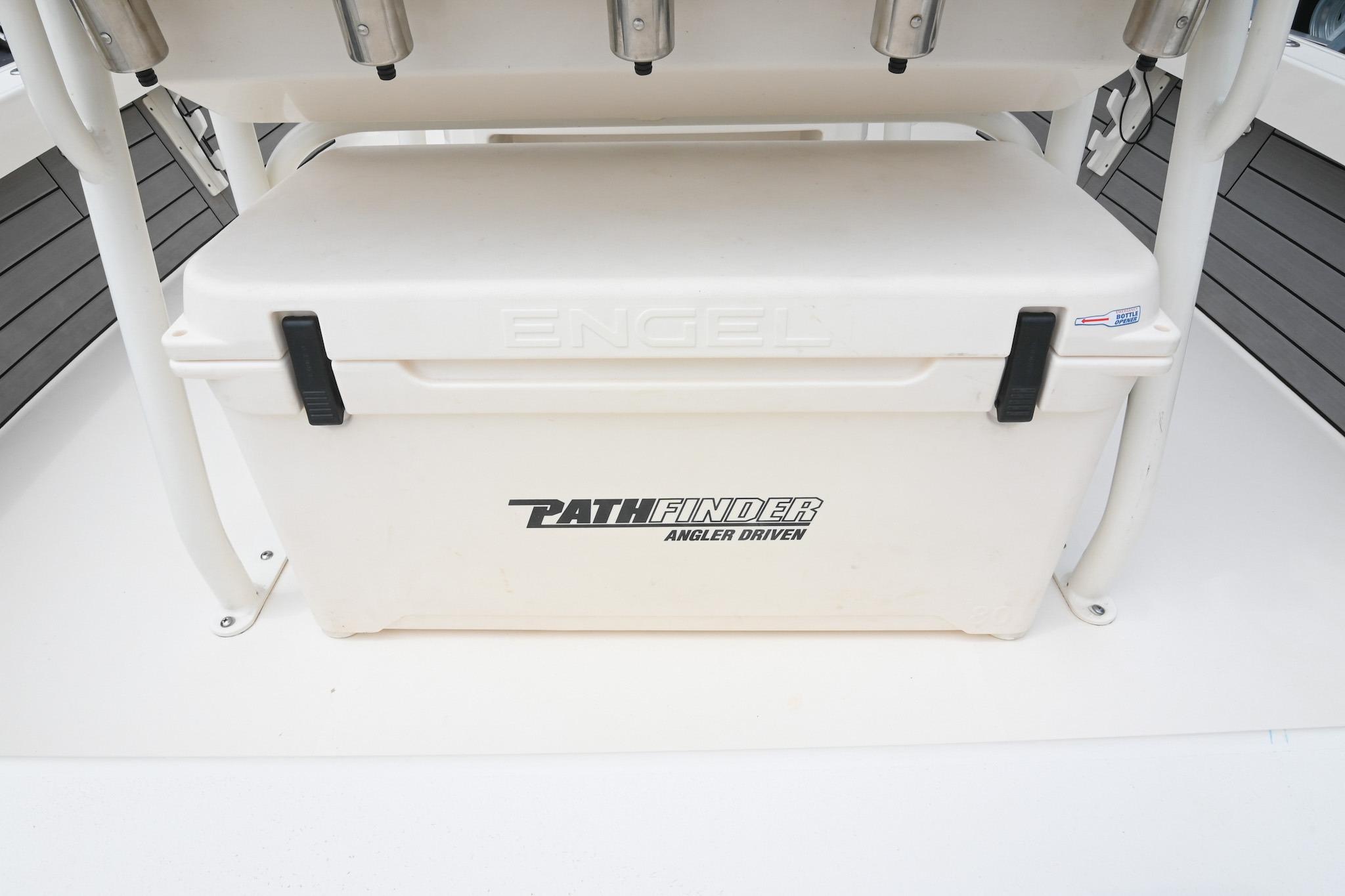 White Engel cooler on 2021 Pathfinder 2200 TRS boat deck.