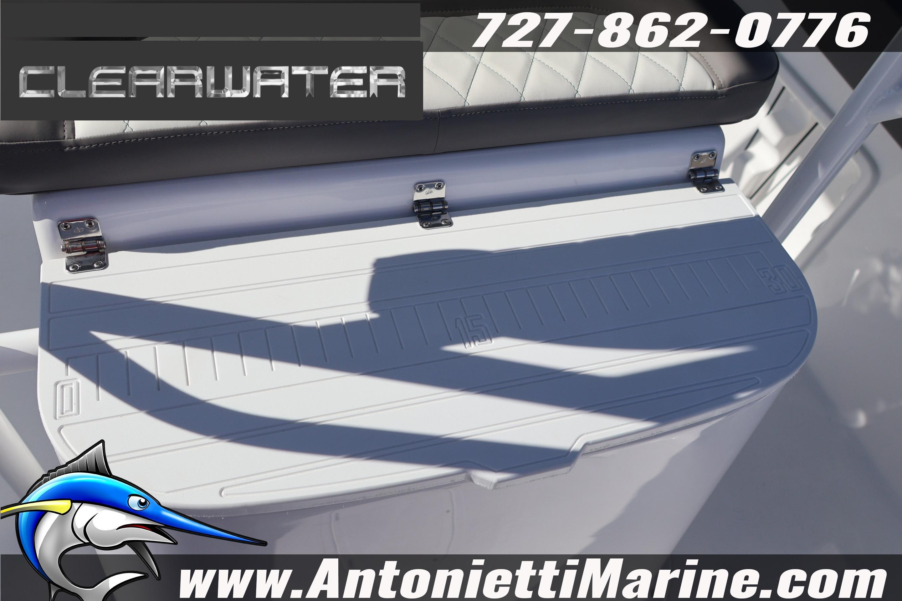 Clearwater 2300 boat seat detail with logo and contact information, 2026 model.