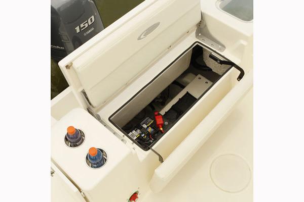Manufacturer Provided Image: 2018 Cobia 201 Center Console boat storage compartment with Yamaha 150 outboard motor.
