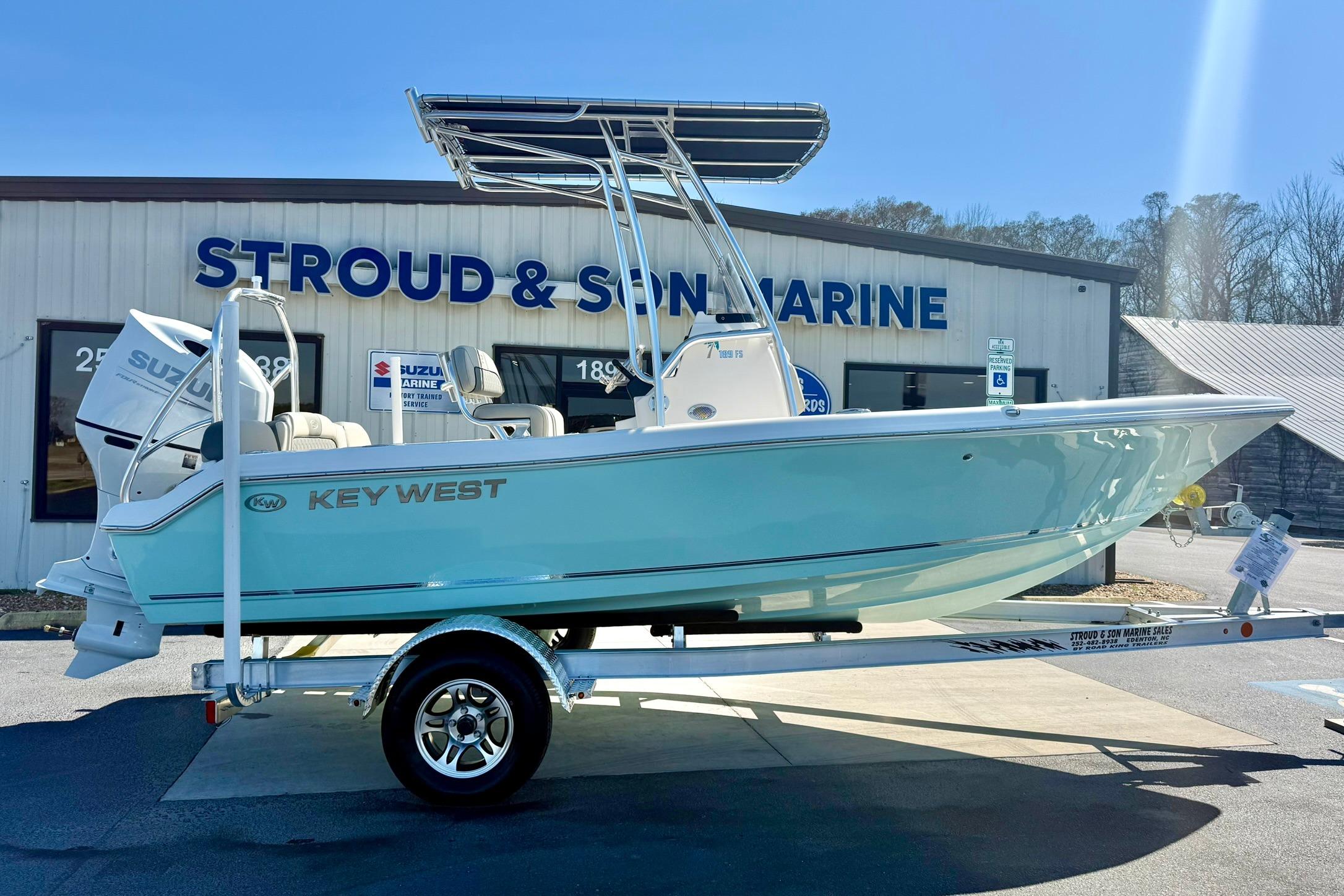 2026 Key West 189 FS boat on trailer at Stroud & Son Marine dealership.