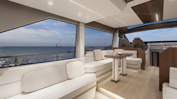 Luxurious interior of 2025 Aicon Vivere 68 yacht with ocean view and modern seating.
