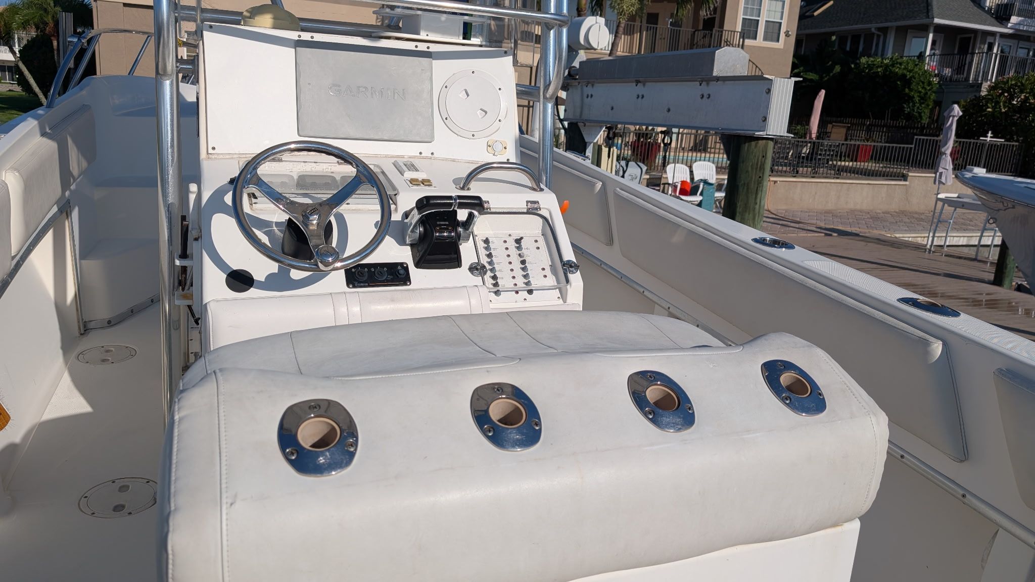 Interior view of a 1997 Fountain Center Console boat.