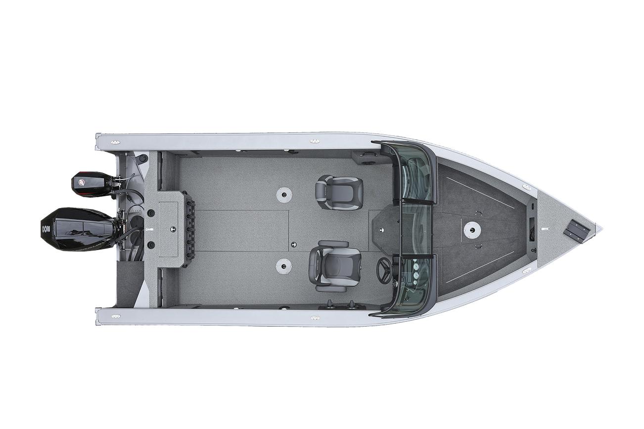 Manufacturer Provided Image: 2025 Lund 2075 Fisherman boat, top view, dual motors, spacious deck, two seats.