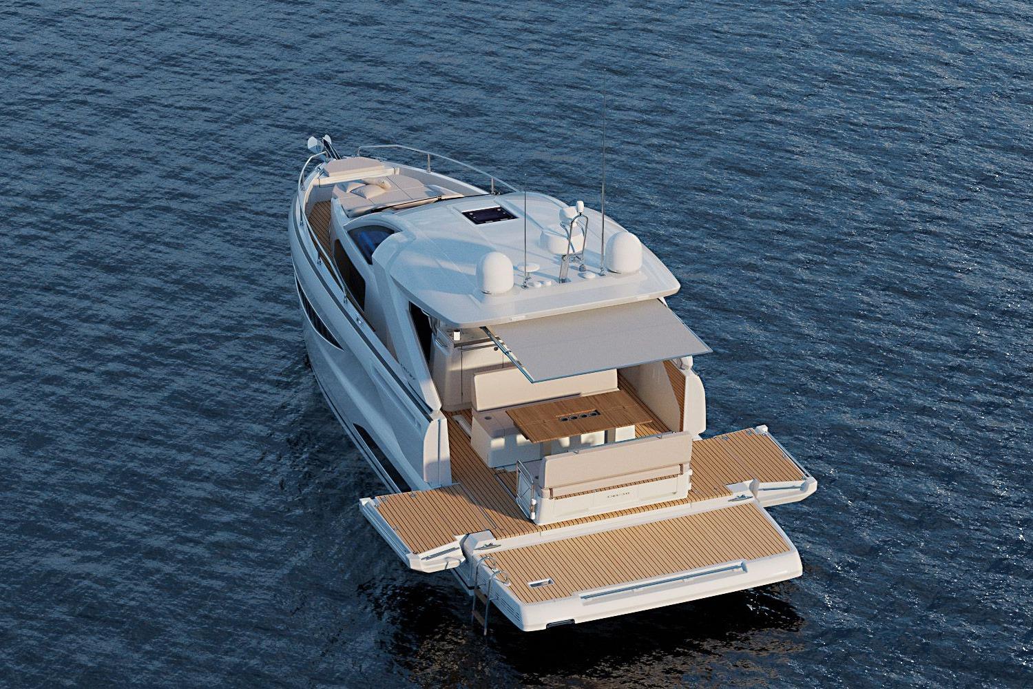 2026 Jeanneau DB/37 IB yacht on calm water, showcasing sleek design and spacious deck.