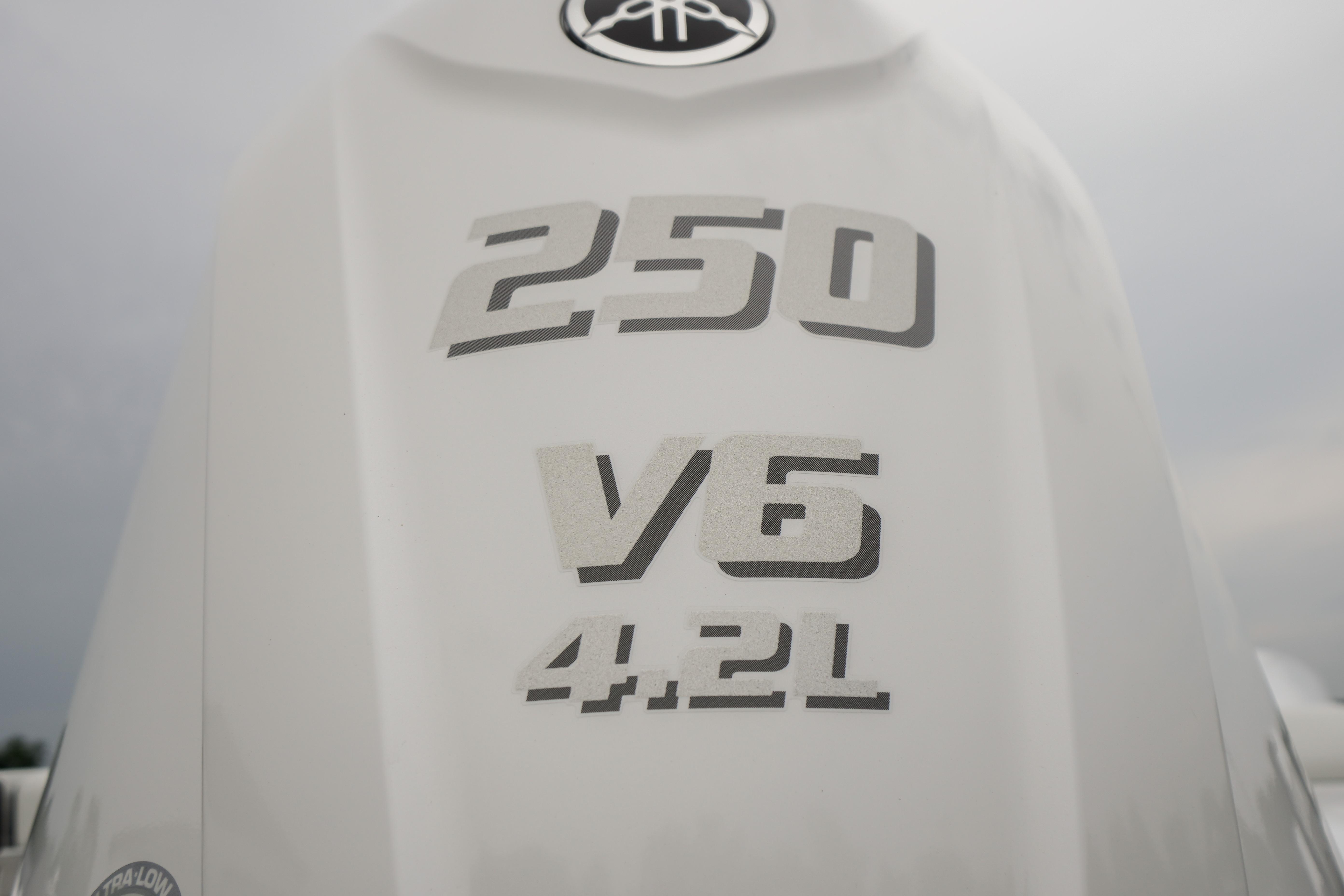 Close-up of a 250 V6 4.2L engine on a 2026 Tidewater 232 SS boat.