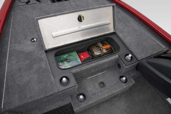 Manufacturer Provided Image: 2025 Tracker Pro Team 195 Tournament Edition boat storage compartments with organized fishing gear.