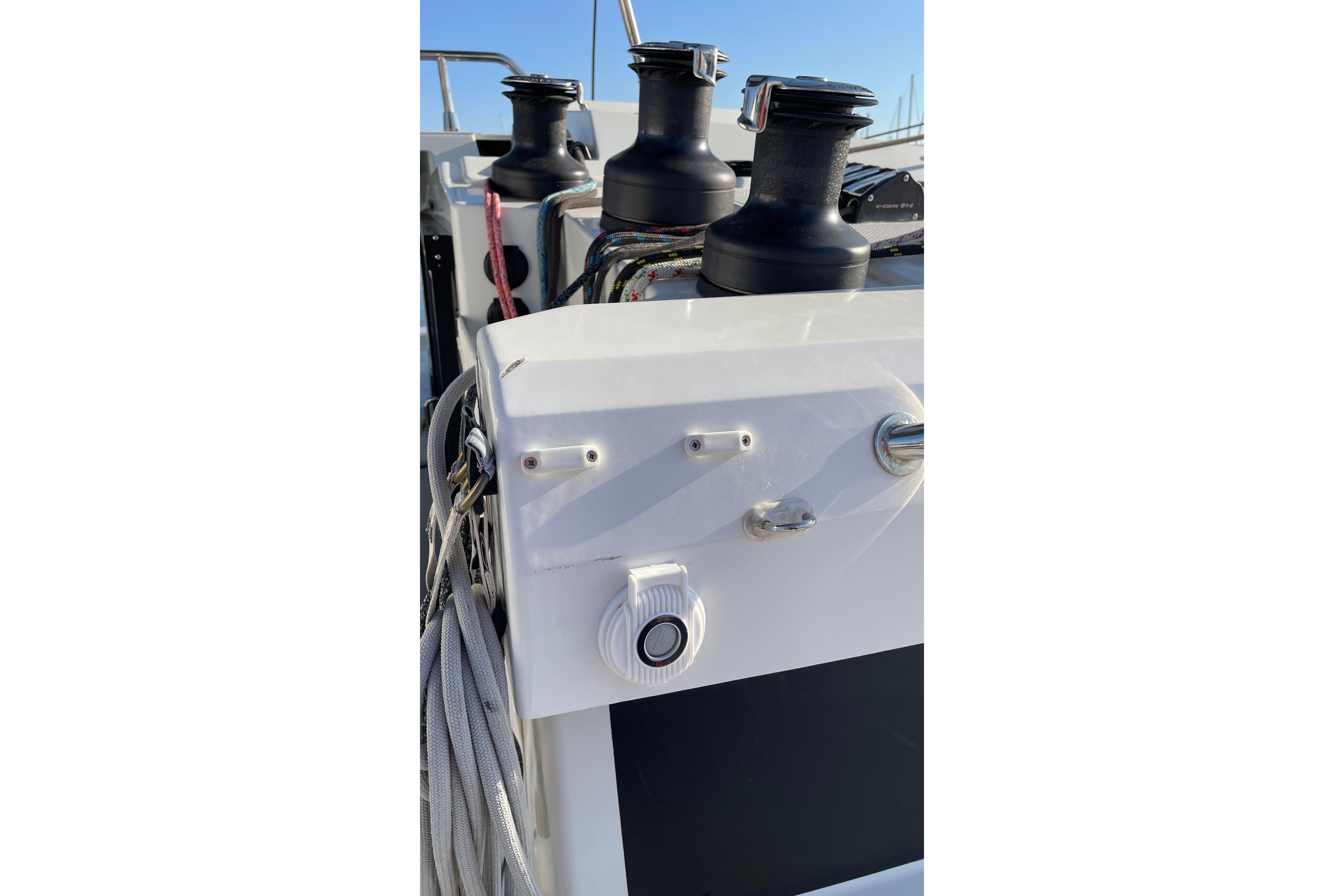 Close-up of the 2020 Fountaine Pajot Saona 47 yacht's winch and rigging system.
