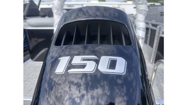 2025 Tahoe Pontoon LTZ Cruise with 150 horsepower engine, close-up view.