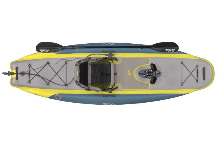 2023 Hobie ITREK 11 inflatable kayak, top view, with paddle and seat.