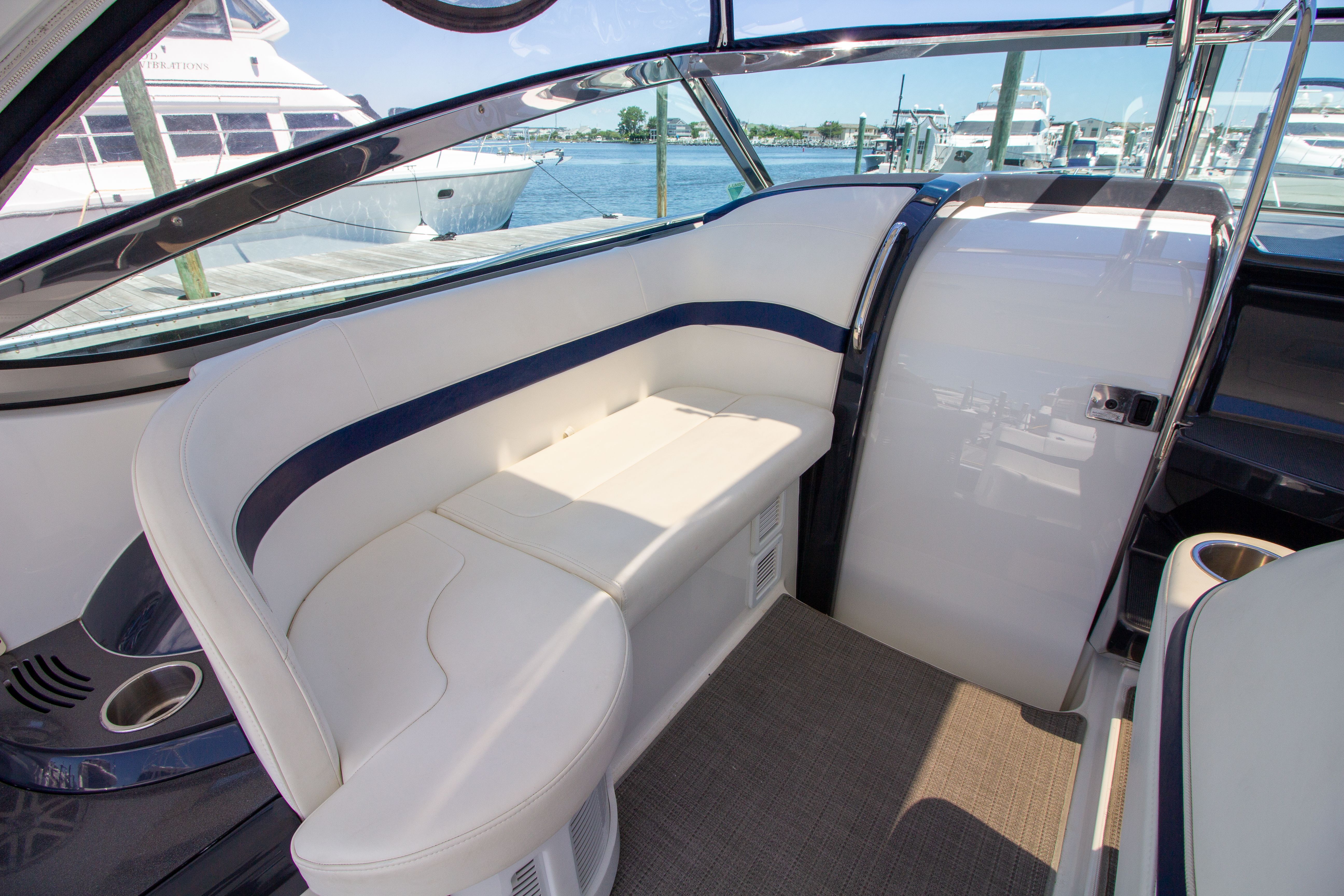 Interior of a 2016 Formula 40 Performance Cruiser yacht at the dock.