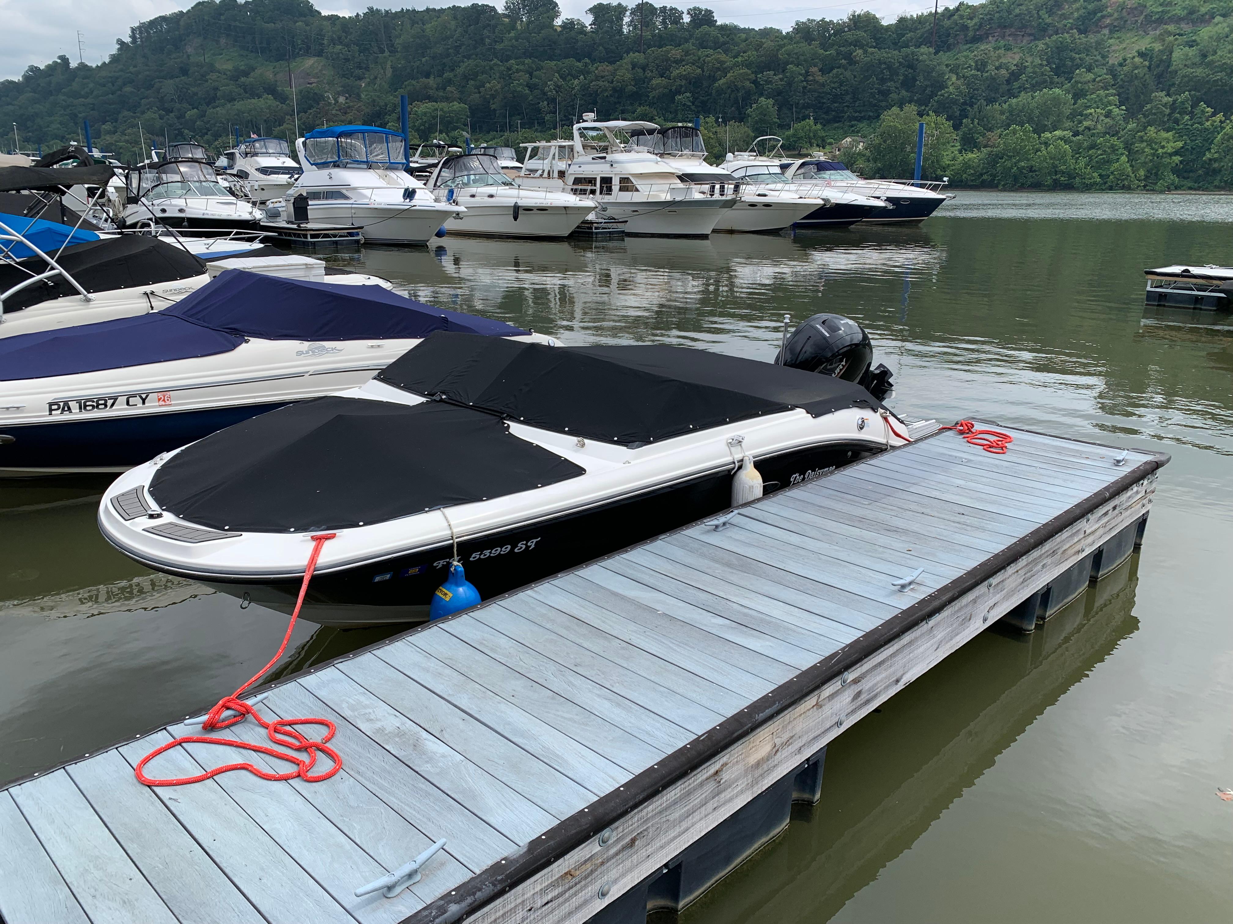 2020 Sea Ray SPX 190 Outboard boat docked at a marina with other vessels.
