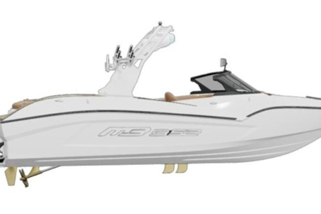 2027 MB B52 23 Alpha boat, sleek white design, side view, modern features.