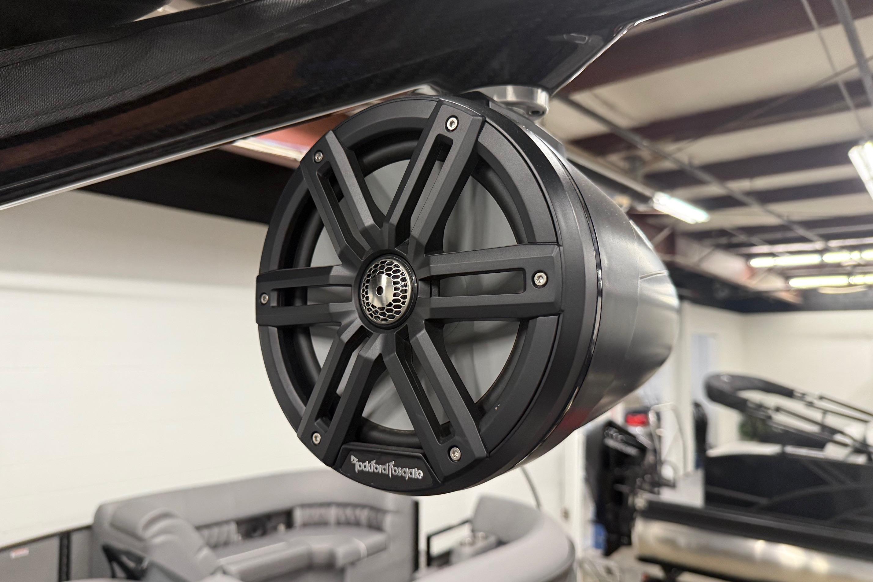 Close-up of a Rockford Fosgate speaker on a 2025 Bennington M Line boat.