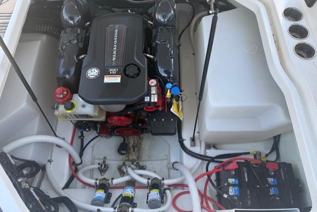 Engine compartment of 2023 Cobalt R6 Surf boat with Volvo Penta engine.
