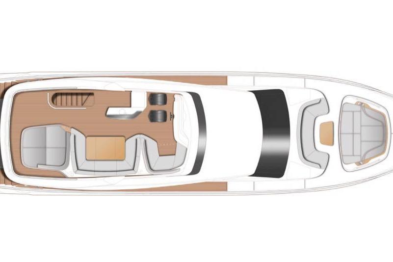 Top view layout of 2025 Princess Y72 yacht, showcasing deck and seating arrangement.
