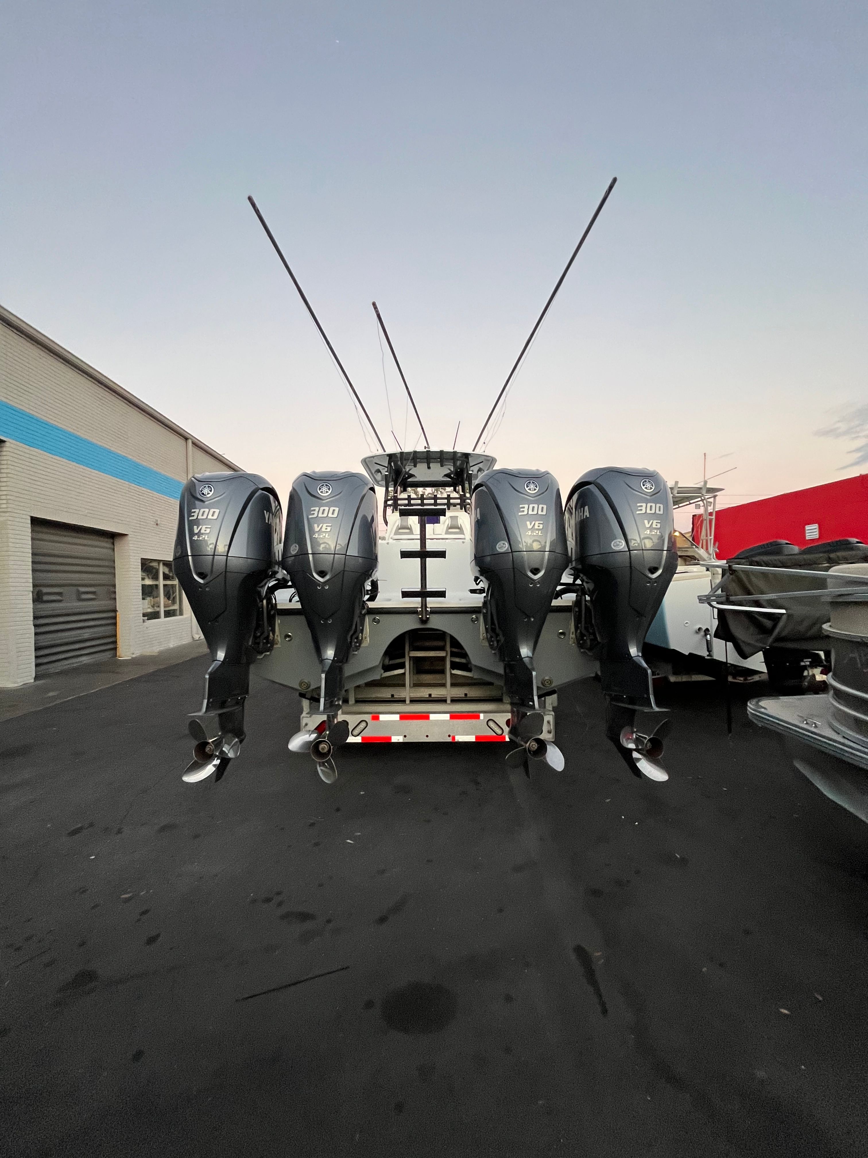 2017 Freeman 37VH boat with four outboard engines.