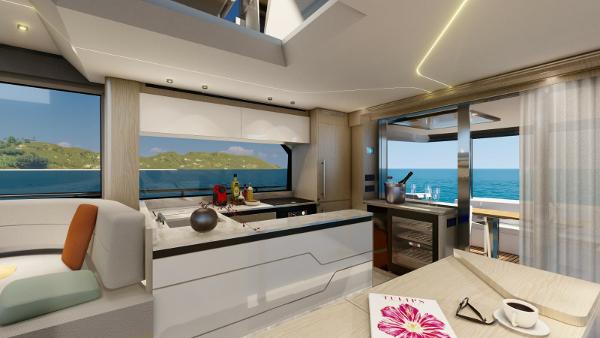 Luxurious interior of 2025 Aicon Vivere 68 yacht with modern kitchen and ocean view.