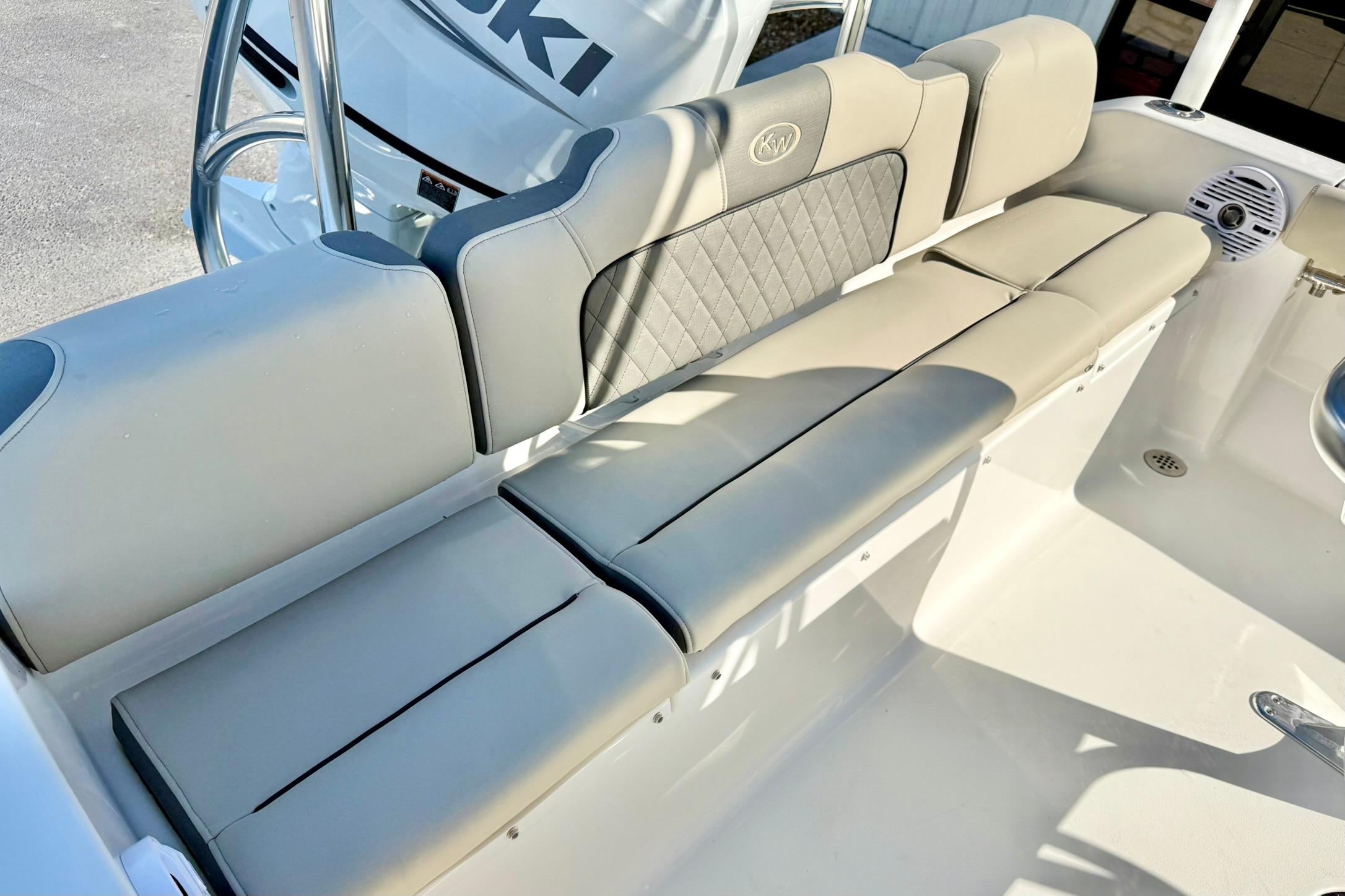 2026 Key West 189 FS boat seating with cushioned bench and stylish design.