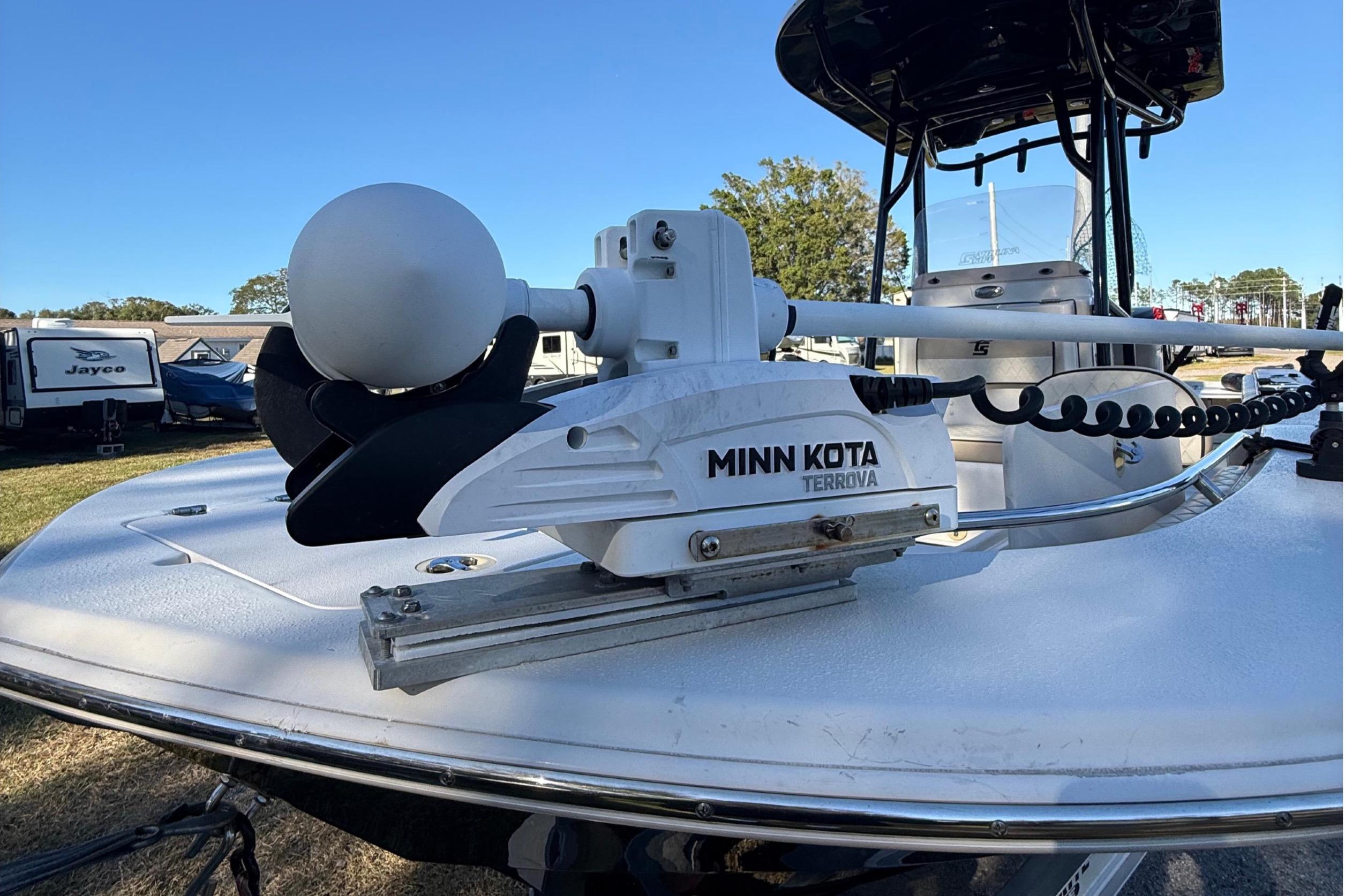2021 Carolina Skiff 26 Ultra Elite with Minn Kota Terrova trolling motor on deck.
