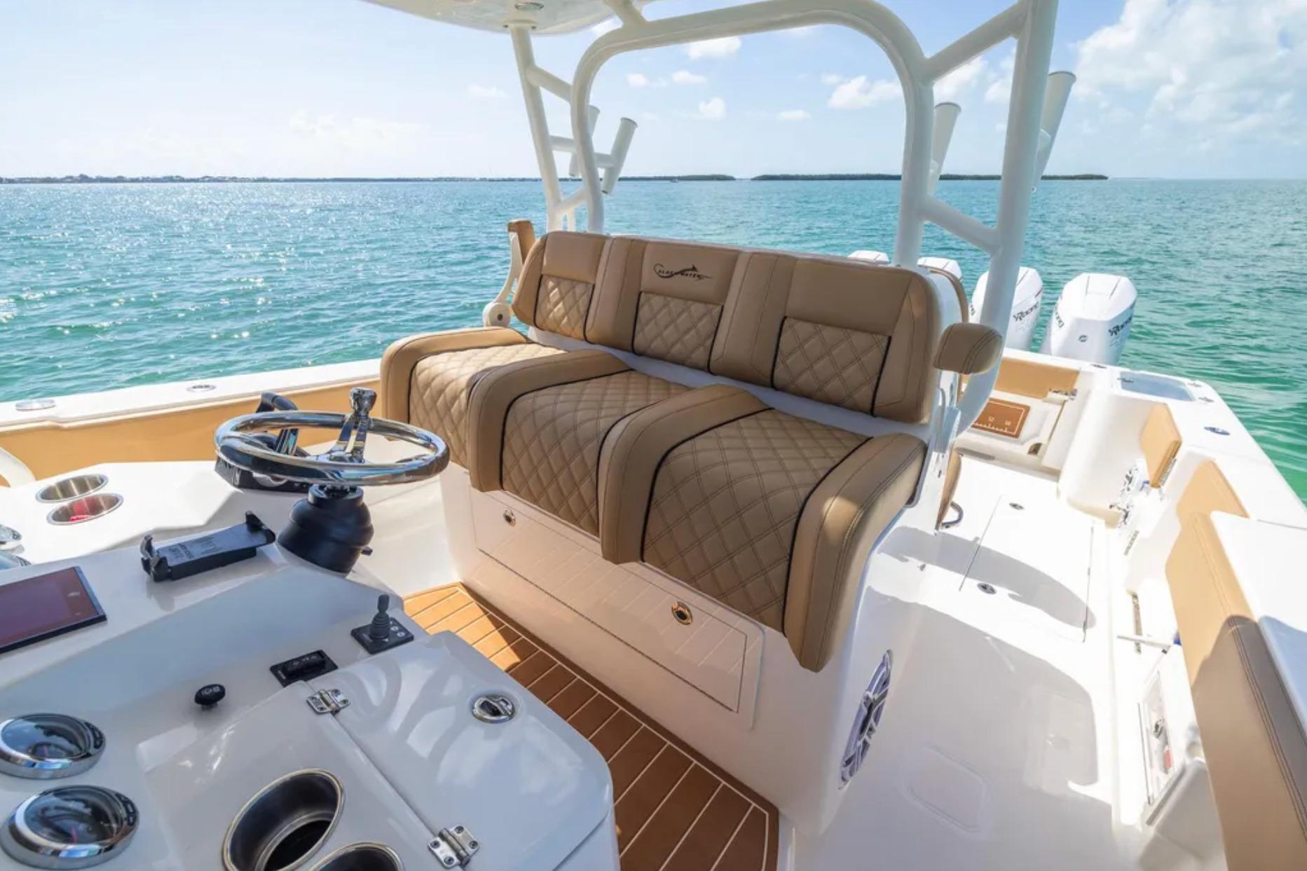 Luxurious interior of 2025 Blackwater 41 Performance Fish boat on open water.