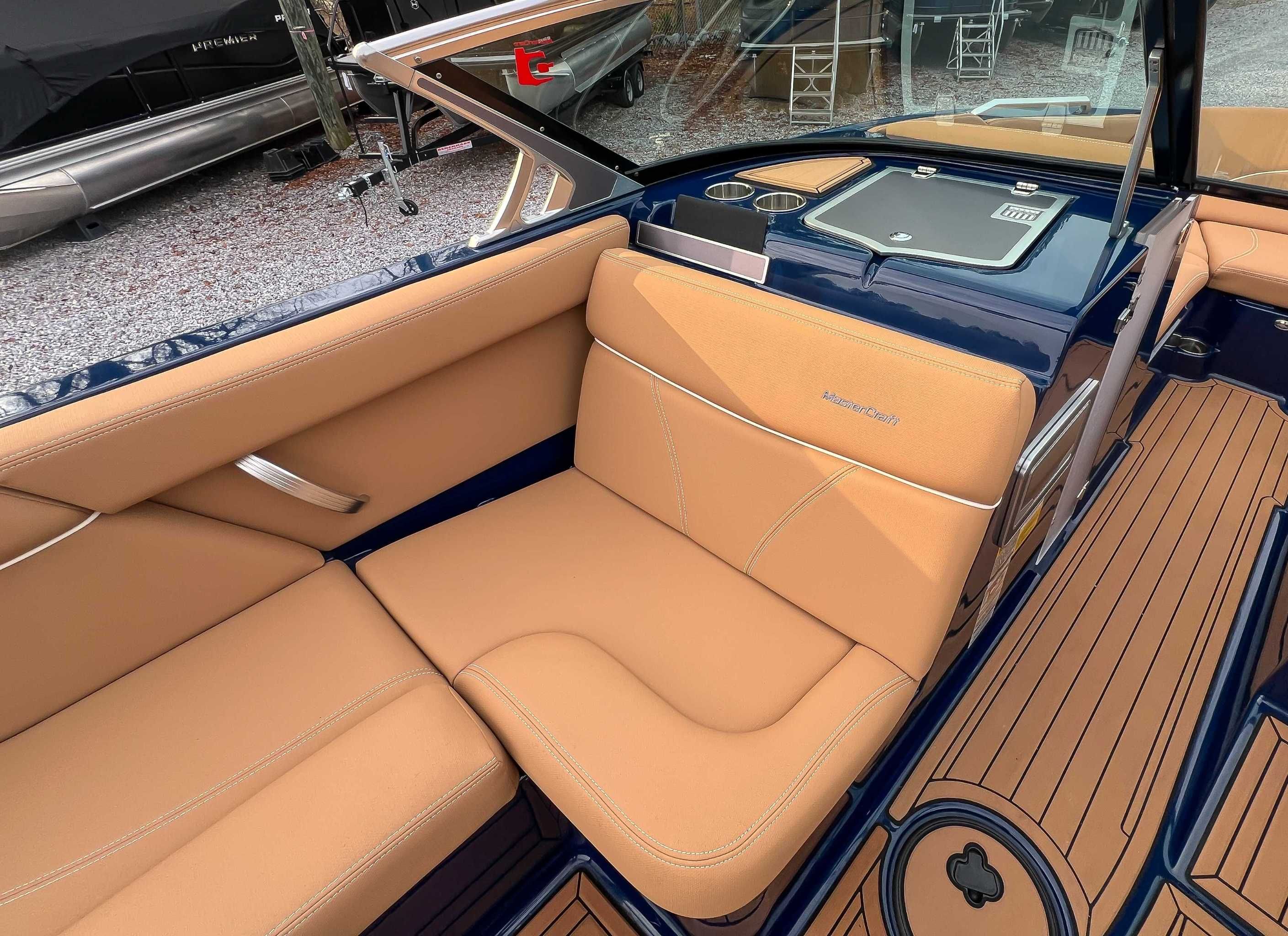 Interior of a 2021 MasterCraft XT22 with beige seating.