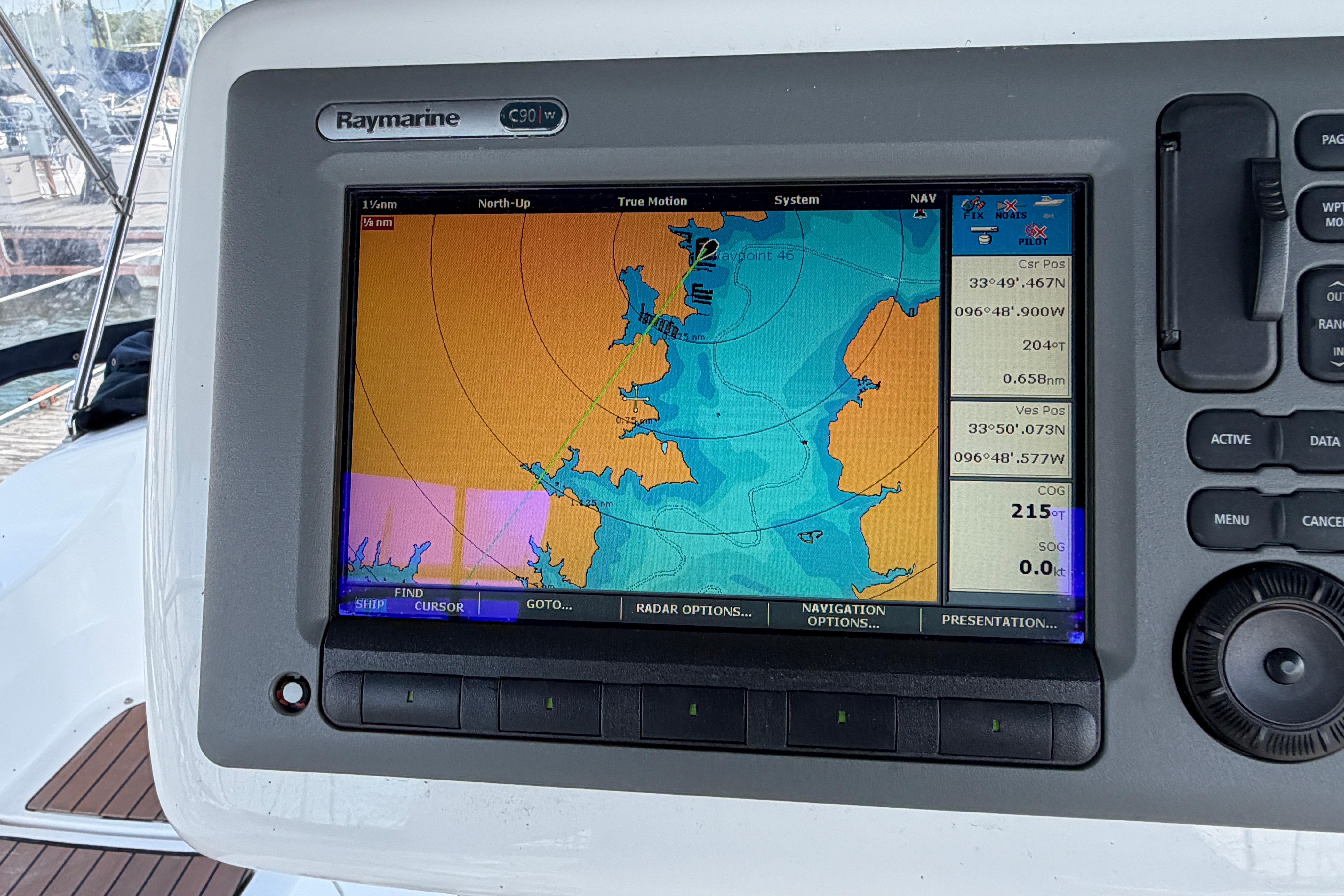 Raymarine C90W navigation display on a 2005 Hunter 38 sailboat.