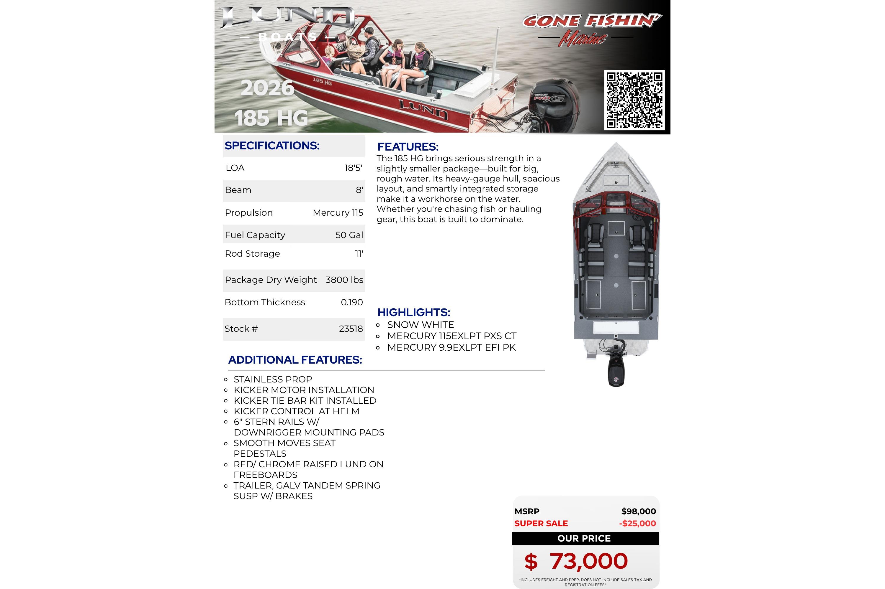 Lund 185 Heavy Gauge 2026 fishing boat with Mercury 115 engine, priced at $73,000.