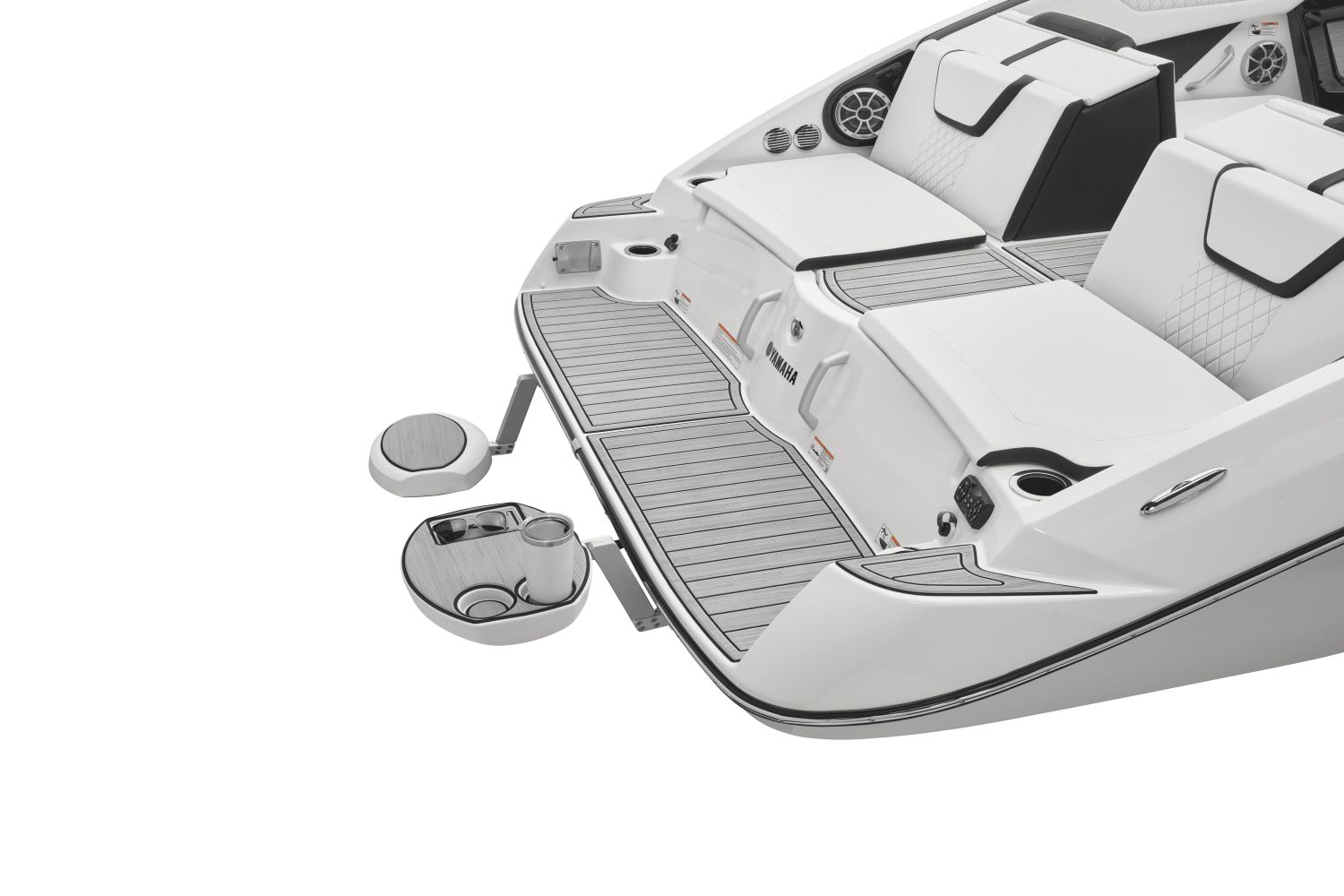 The image shows the stern of a Yamaha 222SD boat with sleek seating and speakers.