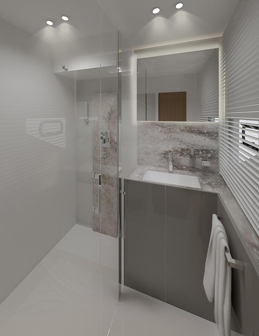 Modern bathroom with glass shower, sleek vanity, and ambient lighting in Prestige M48, 2025 model.