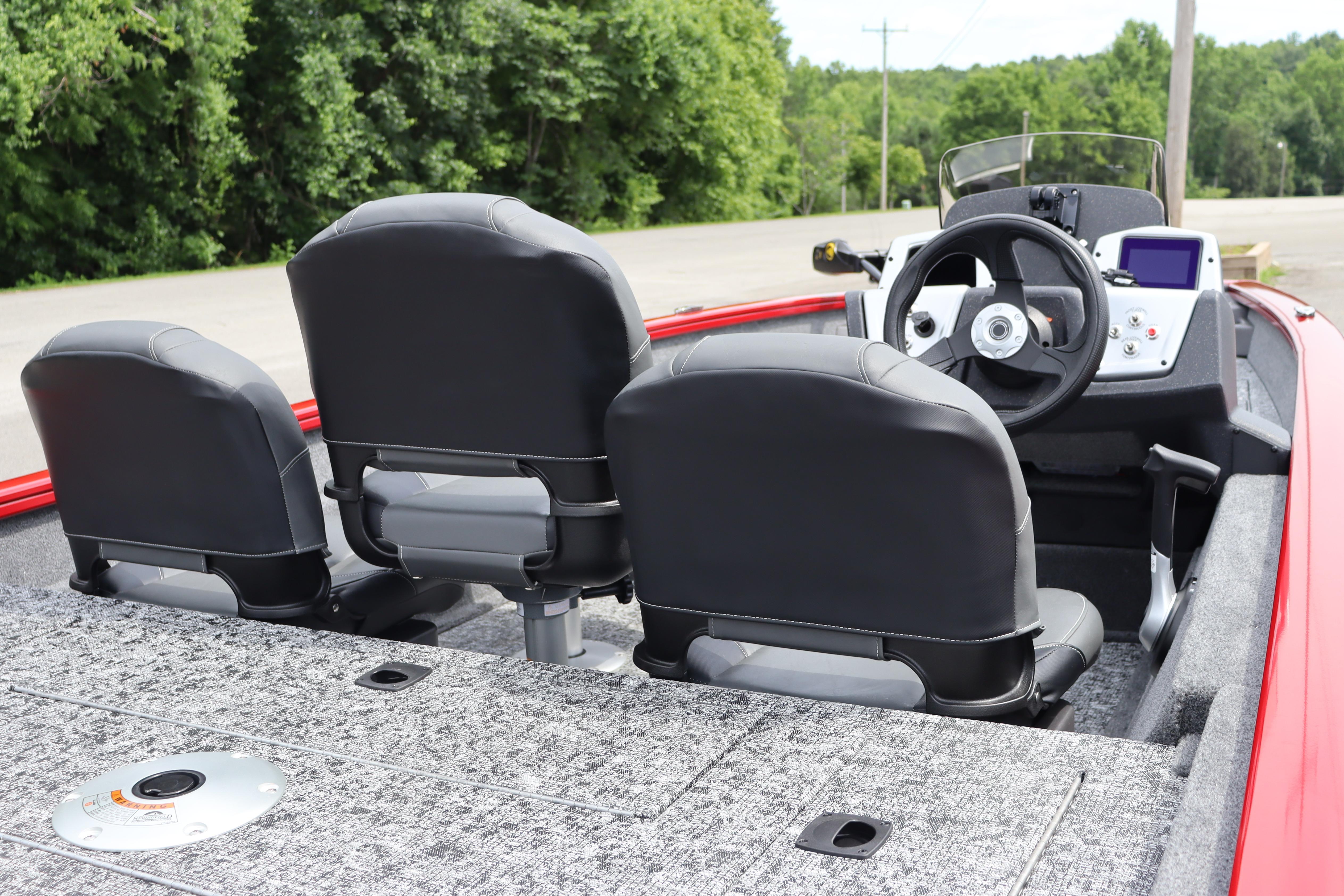 2026 Tracker Pro Team 175 Crappie Edition boat interior with steering wheel and seats.